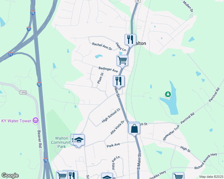 map of restaurants, bars, coffee shops, grocery stores, and more near 109 North Main Street in Walton