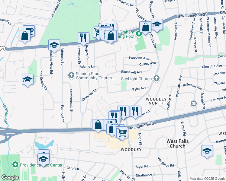 map of restaurants, bars, coffee shops, grocery stores, and more near 7302 Tyler Avenue in Falls Church