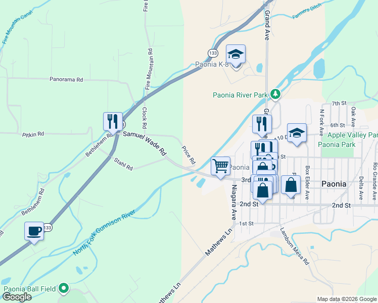 map of restaurants, bars, coffee shops, grocery stores, and more near 370 Price Road in Paonia