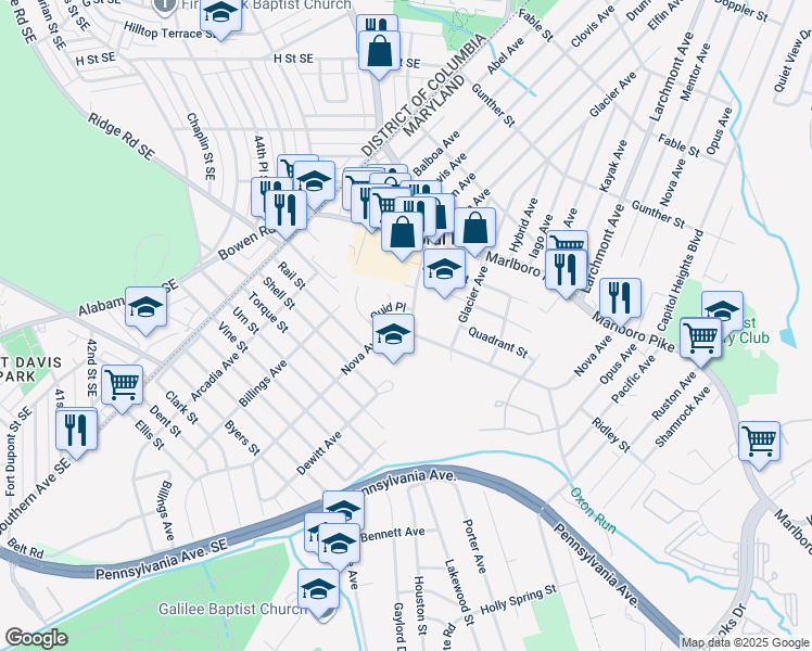 map of restaurants, bars, coffee shops, grocery stores, and more near 1601 Nova Avenue in Capitol Heights