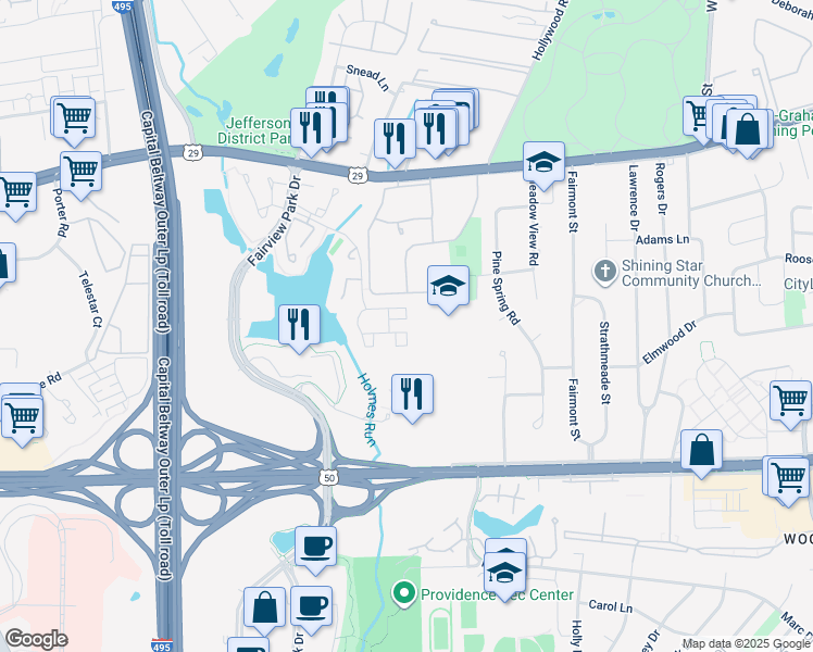 map of restaurants, bars, coffee shops, grocery stores, and more near 7749 New Providence Drive in Falls Church