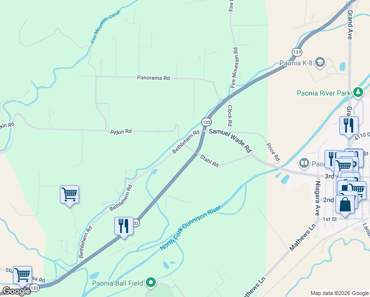 map of restaurants, bars, coffee shops, grocery stores, and more near 14960-19998 Bethlehem Road in Paonia