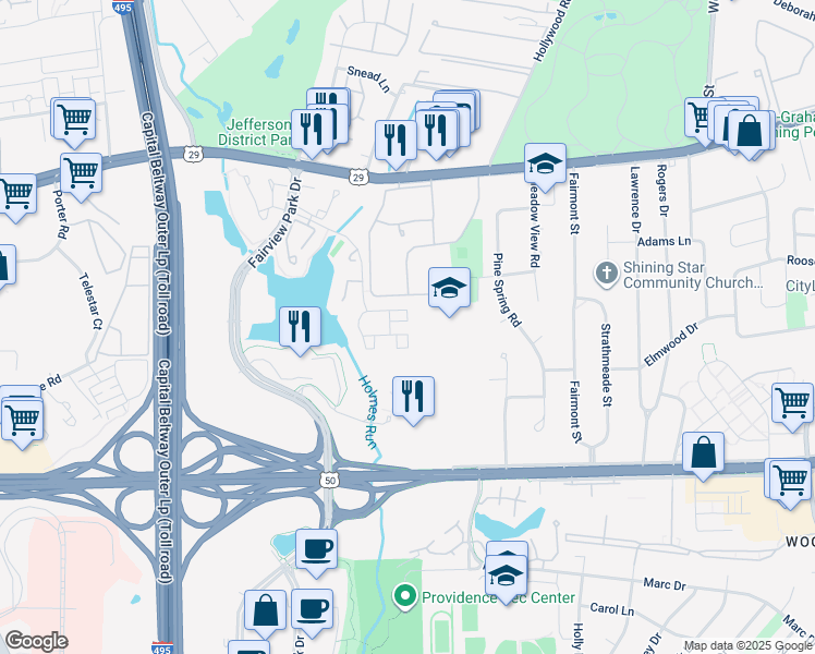 map of restaurants, bars, coffee shops, grocery stores, and more near 7749 New Providence Drive in Falls Church