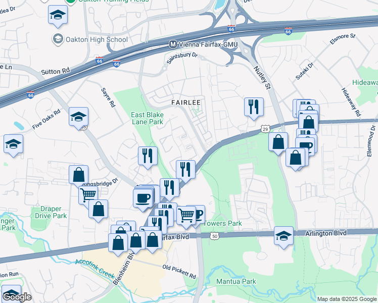 map of restaurants, bars, coffee shops, grocery stores, and more near 3028 White Birch Court in Fairfax