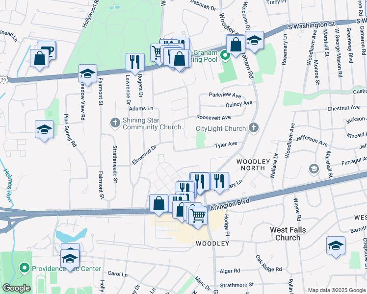 map of restaurants, bars, coffee shops, grocery stores, and more near 7302 Tyler Avenue in Falls Church