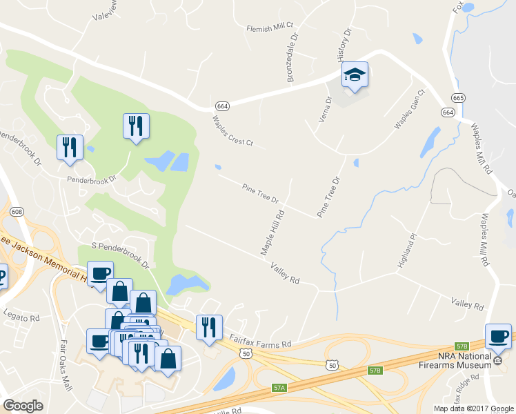 map of restaurants, bars, coffee shops, grocery stores, and more near 11709 Pine Tree Drive in Fairfax