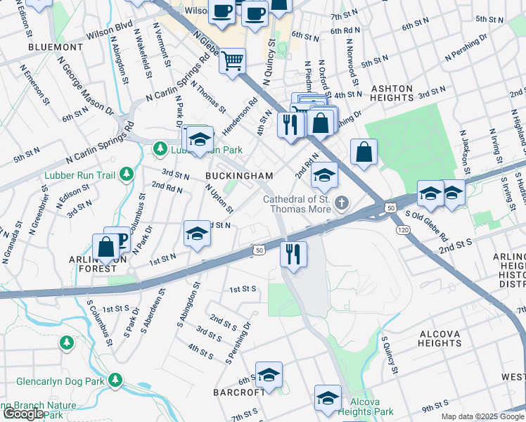 map of restaurants, bars, coffee shops, grocery stores, and more near 106 North George Mason Drive in Arlington