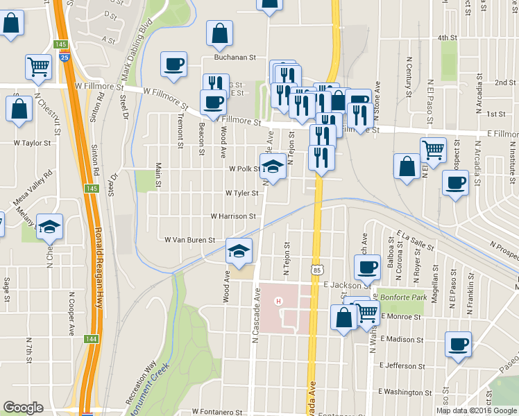 map of restaurants, bars, coffee shops, grocery stores, and more near 2727 North Cascade Avenue in Colorado Springs
