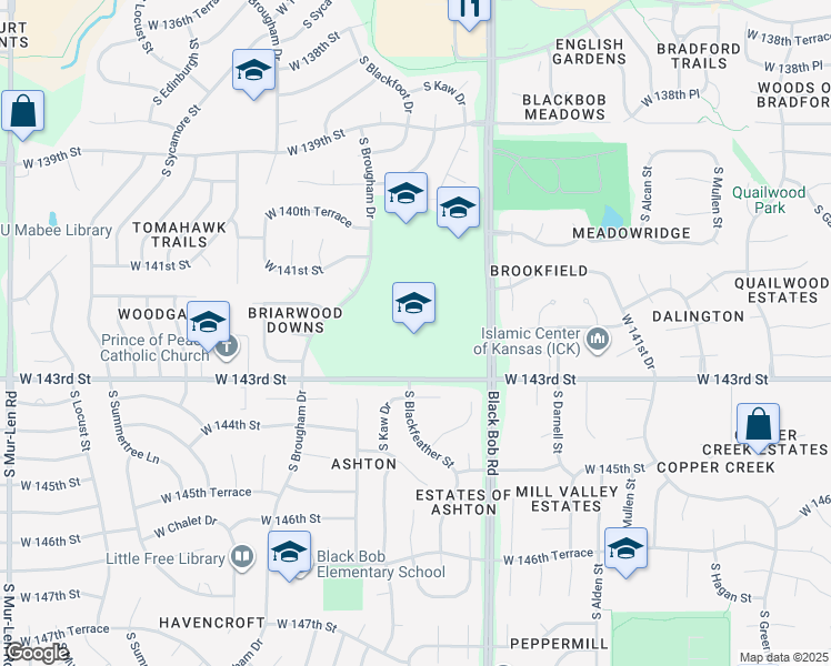 map of restaurants, bars, coffee shops, grocery stores, and more near 14140 South Blackbob Road in Olathe