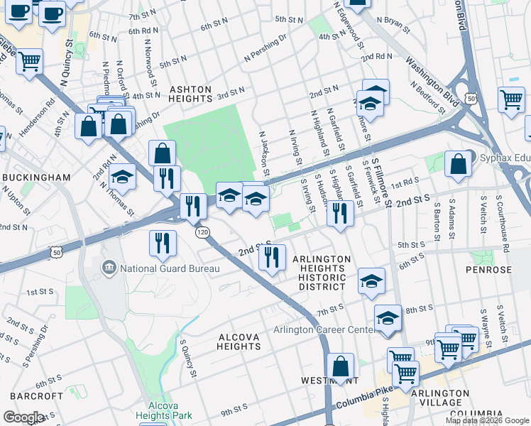 map of restaurants, bars, coffee shops, grocery stores, and more near 3501 2nd Street South in Arlington