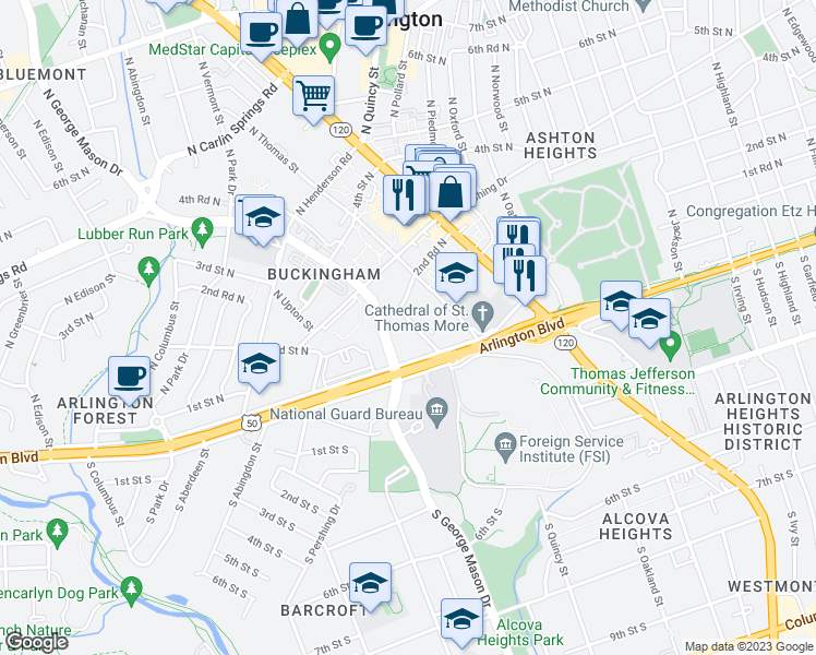 map of restaurants, bars, coffee shops, grocery stores, and more near 200 North Trenton Street in Arlington