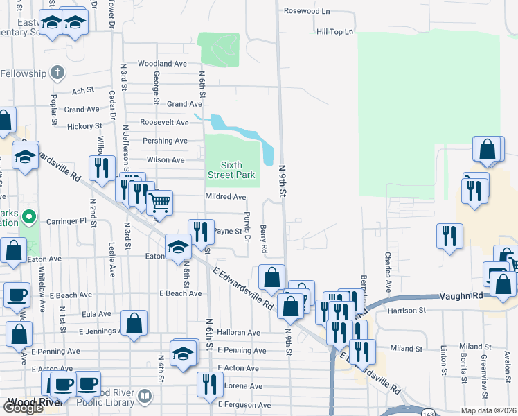 map of restaurants, bars, coffee shops, grocery stores, and more near 782 Berry Road in Wood River