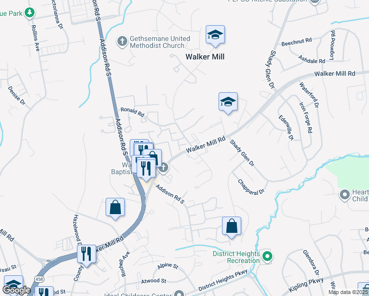 map of restaurants, bars, coffee shops, grocery stores, and more near 1341 Karen Boulevard in Capitol Heights