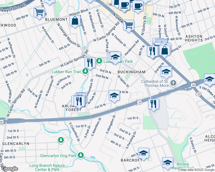 map of restaurants, bars, coffee shops, grocery stores, and more near 212 North Wakefield Street in Arlington