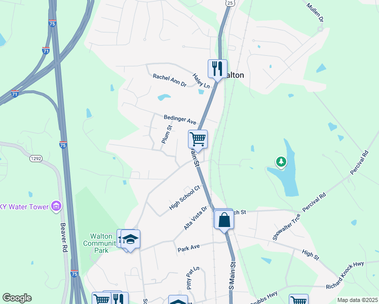 map of restaurants, bars, coffee shops, grocery stores, and more near 109 North Main Street in Walton