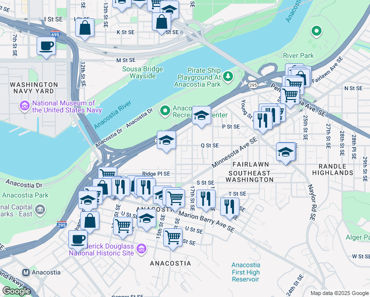map of restaurants, bars, coffee shops, grocery stores, and more near 1619 Q Street Southeast in Washington