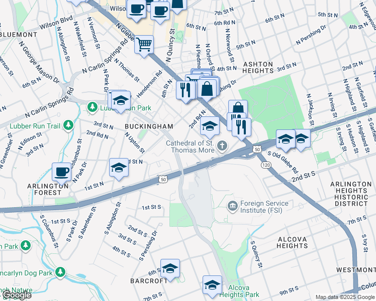 map of restaurants, bars, coffee shops, grocery stores, and more near 200 North Trenton Street in Arlington