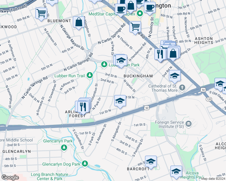 map of restaurants, bars, coffee shops, grocery stores, and more near 212 North Wakefield Street in Arlington