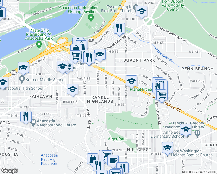 map of restaurants, bars, coffee shops, grocery stores, and more near 2803 Q Street Southeast in Washington