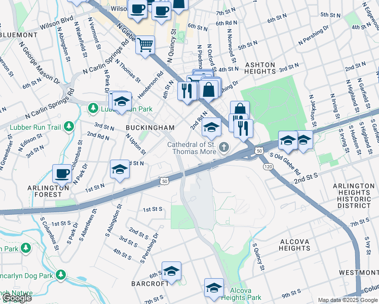 map of restaurants, bars, coffee shops, grocery stores, and more near 202 North Trenton Street in Arlington