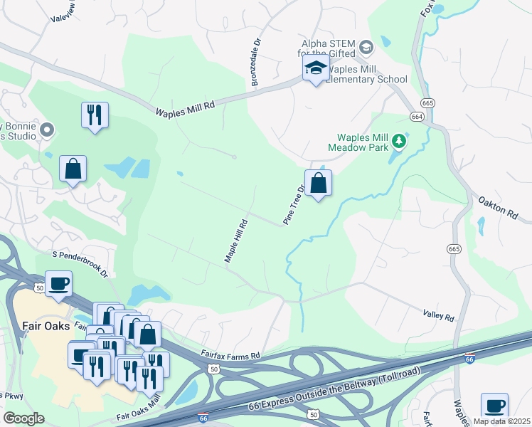 map of restaurants, bars, coffee shops, grocery stores, and more near 11656 Pine Tree Drive in Fairfax