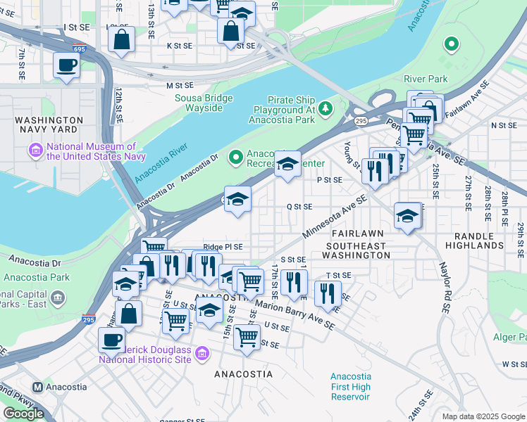 map of restaurants, bars, coffee shops, grocery stores, and more near 1619 Q Street Southeast in Washington