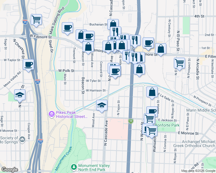 map of restaurants, bars, coffee shops, grocery stores, and more near 2614 North Cascade Avenue in Colorado Springs