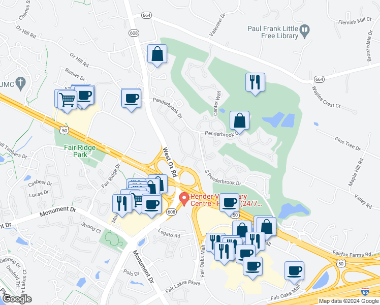map of restaurants, bars, coffee shops, grocery stores, and more near 3921 Penderview Drive in Fairfax