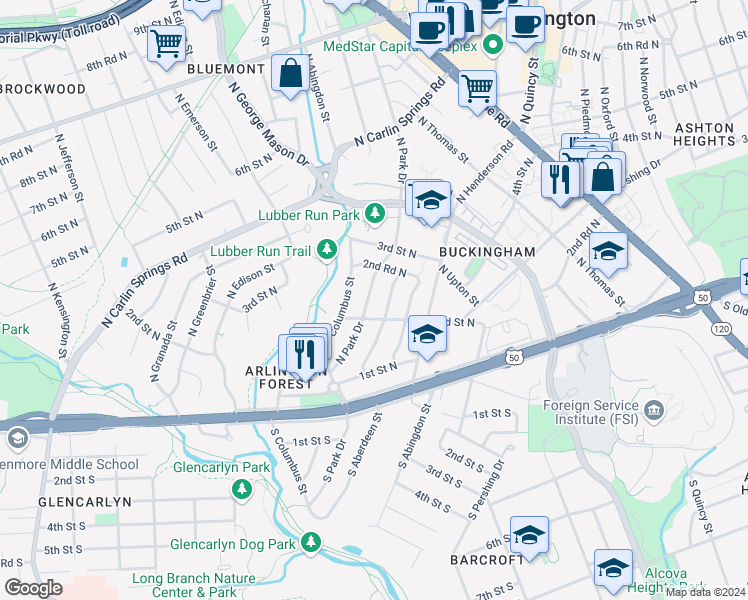 map of restaurants, bars, coffee shops, grocery stores, and more near 215 North Park Drive in Arlington
