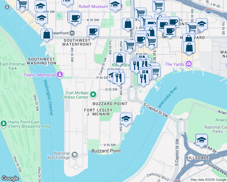 map of restaurants, bars, coffee shops, grocery stores, and more near 101 Independence Avenue Southeast in Washington