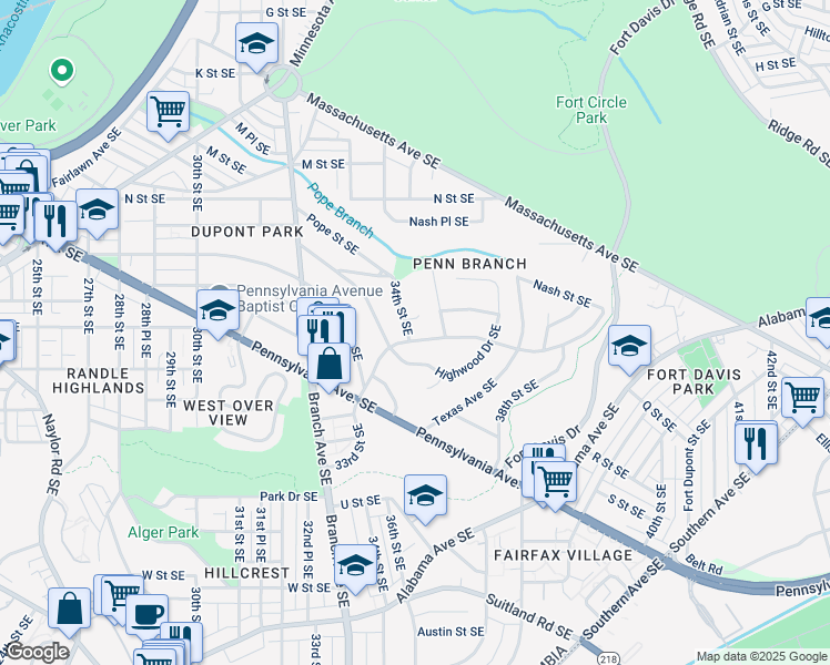 map of restaurants, bars, coffee shops, grocery stores, and more near 3400 Carpenter Street Southeast in Washington