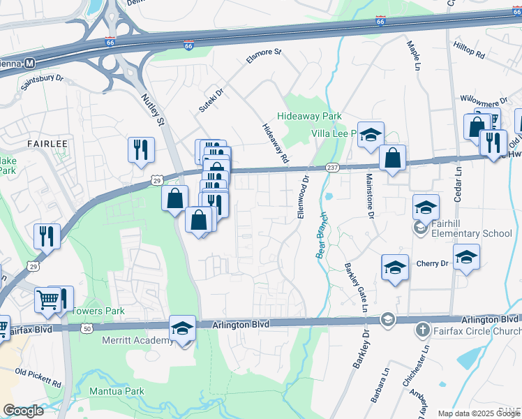 map of restaurants, bars, coffee shops, grocery stores, and more near 3035 Braxton Wood Court in Fairfax