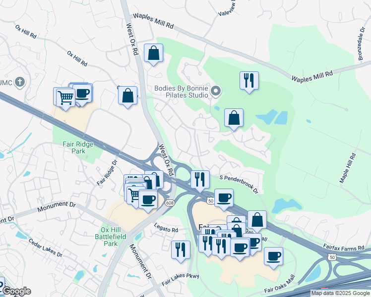 map of restaurants, bars, coffee shops, grocery stores, and more near 3921 Penderview Drive in Fairfax