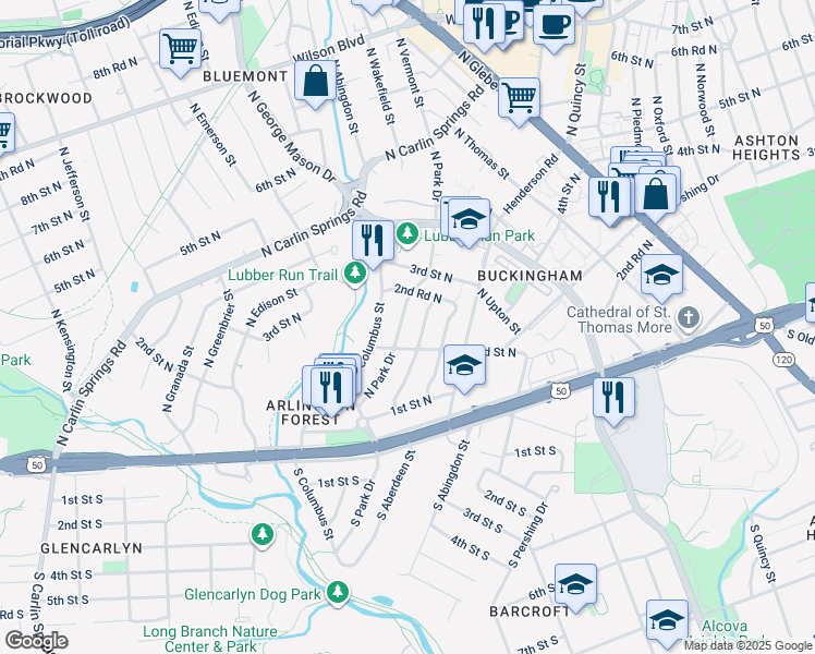 map of restaurants, bars, coffee shops, grocery stores, and more near 215 North Park Drive in Arlington