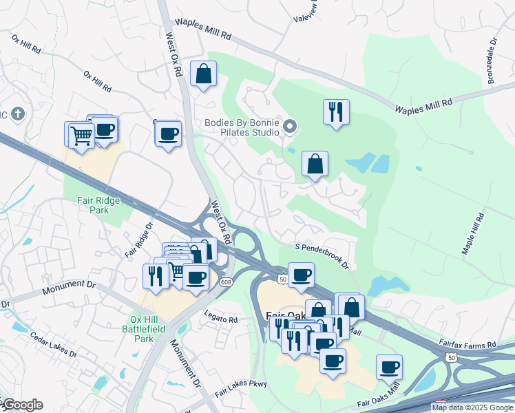 map of restaurants, bars, coffee shops, grocery stores, and more near 12153 Penderview Lane in Fairfax
