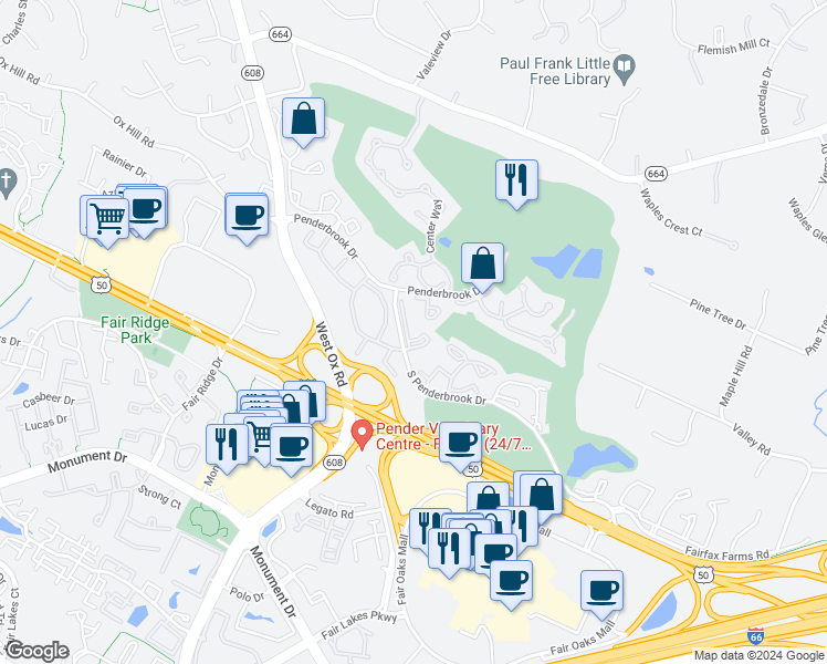 map of restaurants, bars, coffee shops, grocery stores, and more near 12006 Ridge Knoll Drive in Fairfax