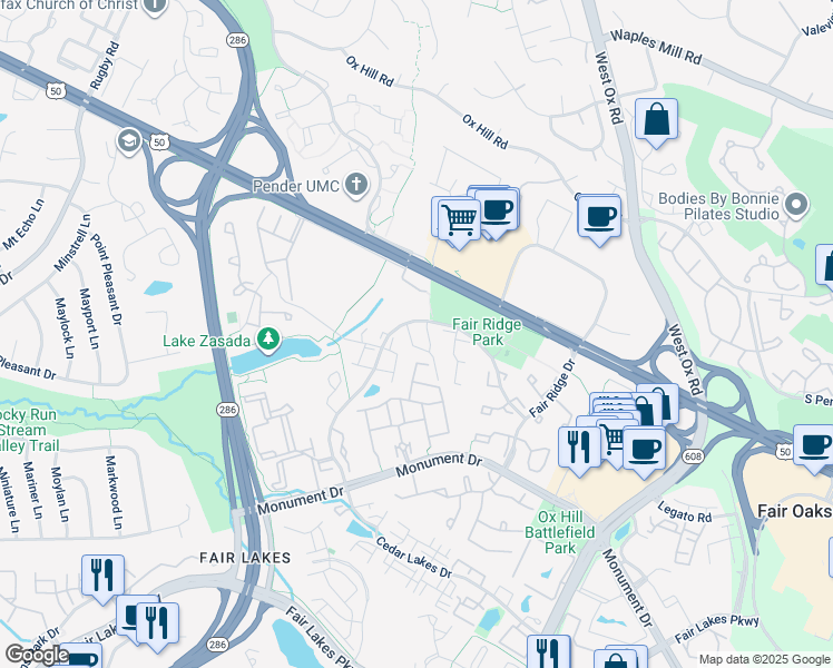 map of restaurants, bars, coffee shops, grocery stores, and more near 4107 Quiet Crossing Court in Fairfax