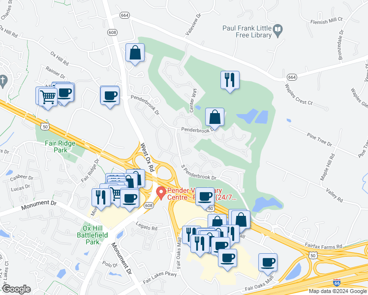 map of restaurants, bars, coffee shops, grocery stores, and more near 12006 Ridge Knoll Drive in Fairfax