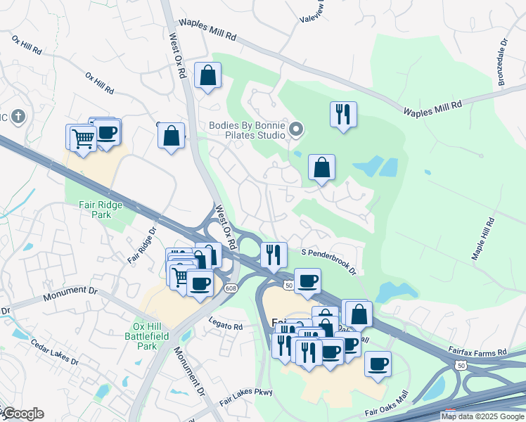 map of restaurants, bars, coffee shops, grocery stores, and more near 12153 Penderview Lane in Fairfax