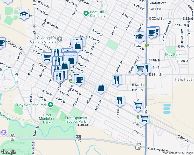 map of restaurants, bars, coffee shops, grocery stores, and more near 301-399 E 12th St in Hays