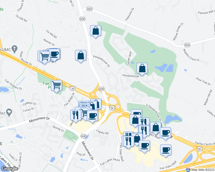 map of restaurants, bars, coffee shops, grocery stores, and more near 3914 Penderview Drive in Fairfax