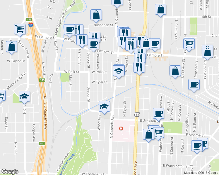 map of restaurants, bars, coffee shops, grocery stores, and more near 103 West Tyler Street in Colorado Springs