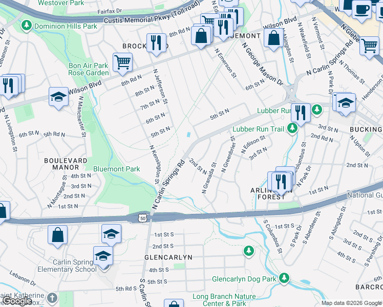 map of restaurants, bars, coffee shops, grocery stores, and more near in Arlington