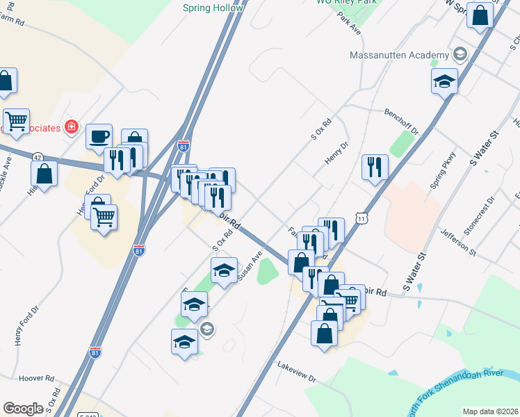 map of restaurants, bars, coffee shops, grocery stores, and more near 300 Fairground Road in Woodstock