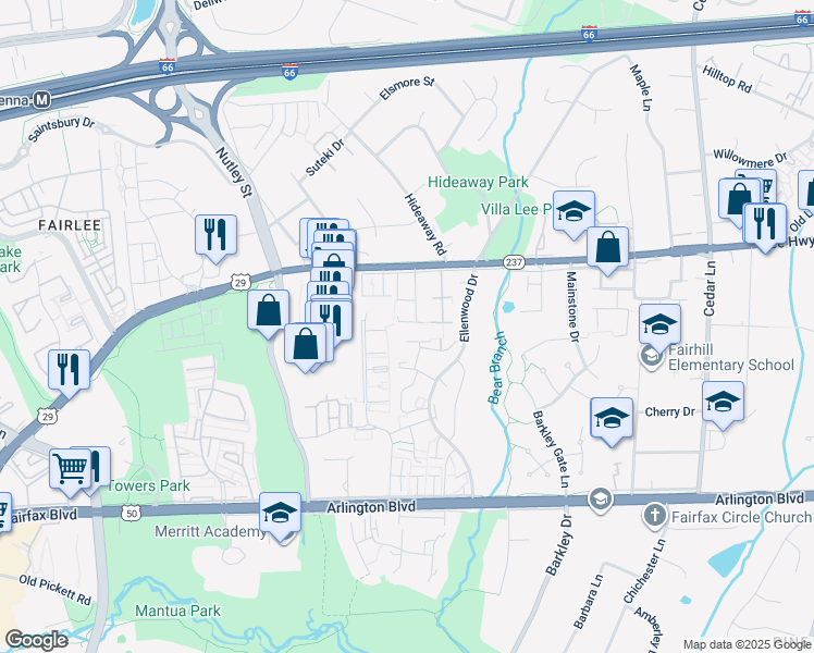 map of restaurants, bars, coffee shops, grocery stores, and more near 3035 Braxton Wood Court in Fairfax