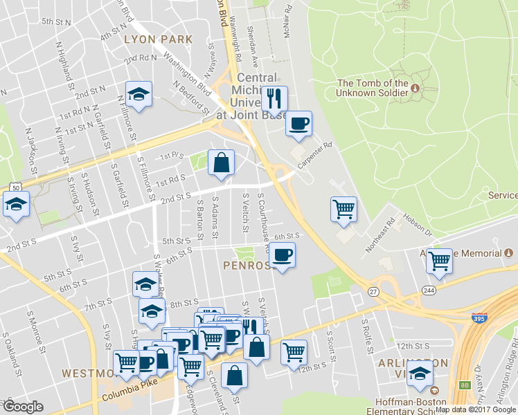 map of restaurants, bars, coffee shops, grocery stores, and more near 306 South Courthouse Road in Arlington