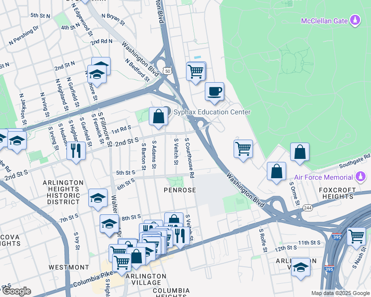map of restaurants, bars, coffee shops, grocery stores, and more near 306 South Courthouse Road in Arlington