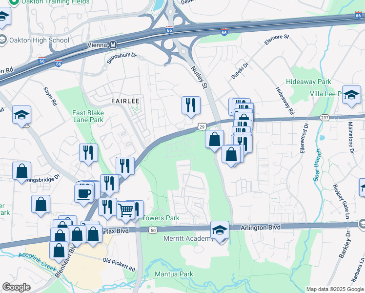 map of restaurants, bars, coffee shops, grocery stores, and more near 3152 Goldenwave Court in Fairfax