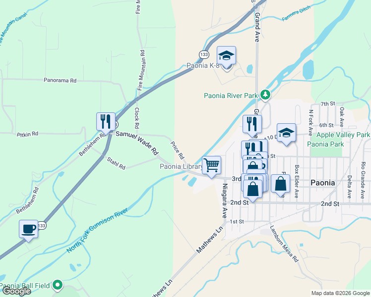 map of restaurants, bars, coffee shops, grocery stores, and more near 370 Price Road in Paonia
