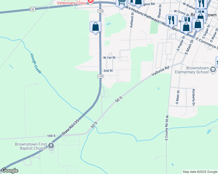 map of restaurants, bars, coffee shops, grocery stores, and more near 800 West Sweet Street in Brownstown